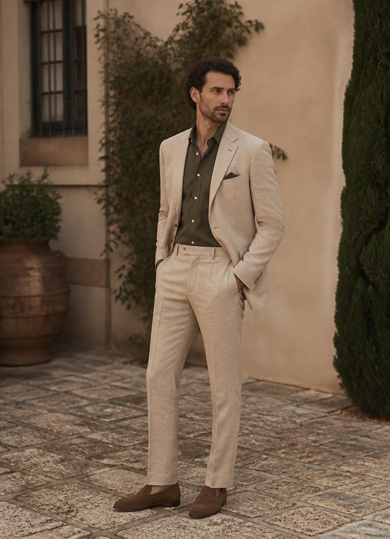 Traje completo beige con camisa verde olivo para los invitados